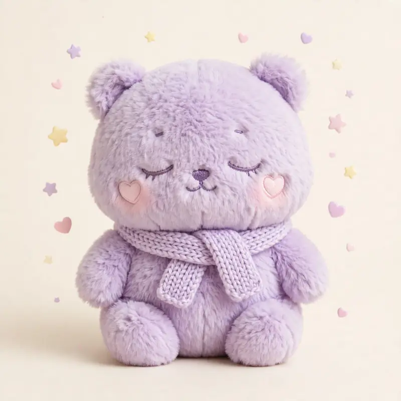 A cute pastel-purple teddy bear plushie wearing a knit scarf